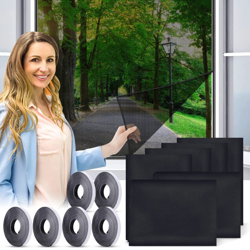 6 sztuk Siatka na Okno, Moskitiera, Siatka na Owady, Siatka z Siatki z 6 Samoprzylepnymi Taśmami 130 x 150 cm (Czarna)