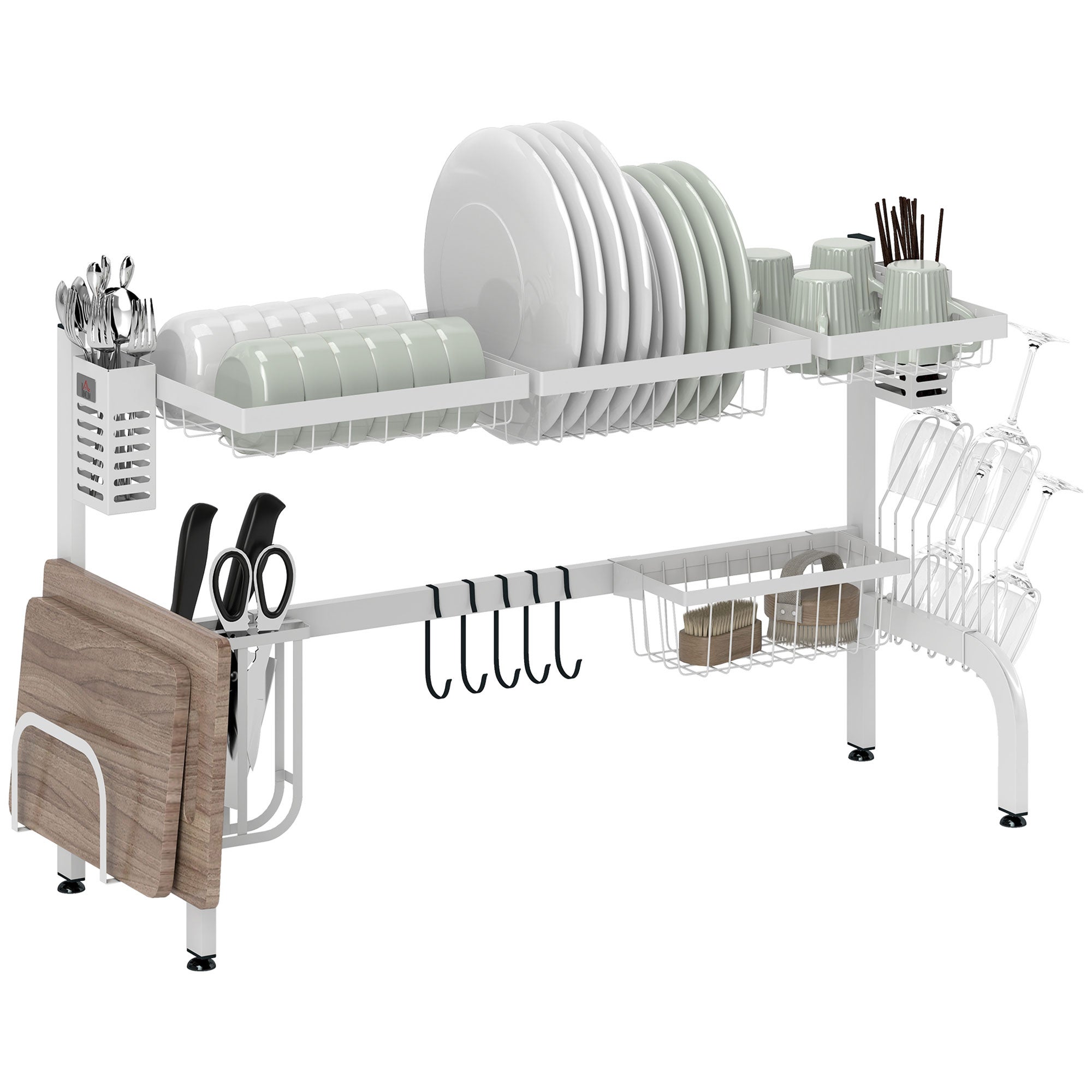 Escurreplatos de acero de 2 niveles para fregadero con soporte de tabla de corte y cubiertos 100x30x54,5cm blanco