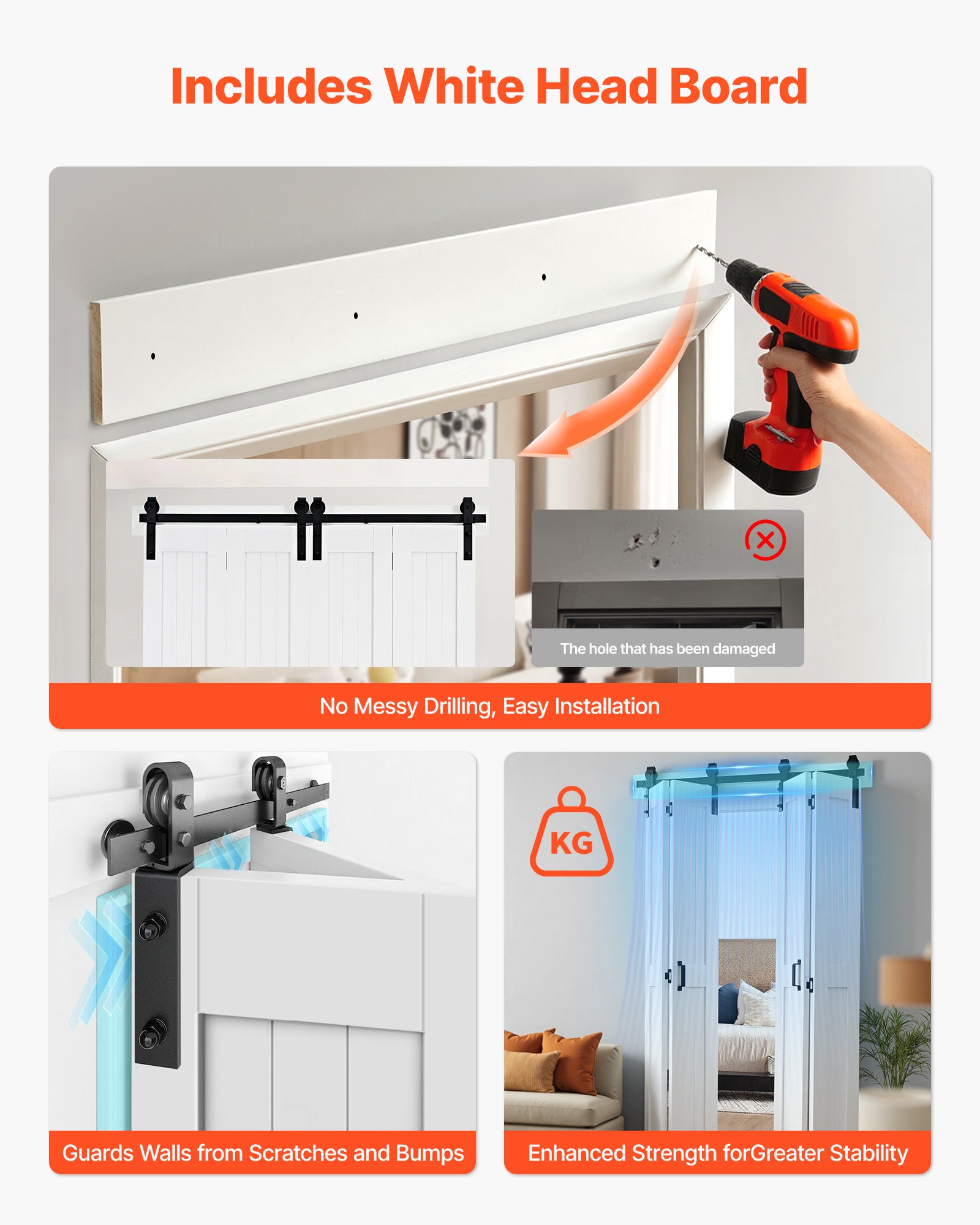Porta interna scorrevole doppia VEVOR 1524x2134 mm, per camera letto, soggiorno e garage, telaio compatto a forma di H, pannelli preassemblati, bianco - 8