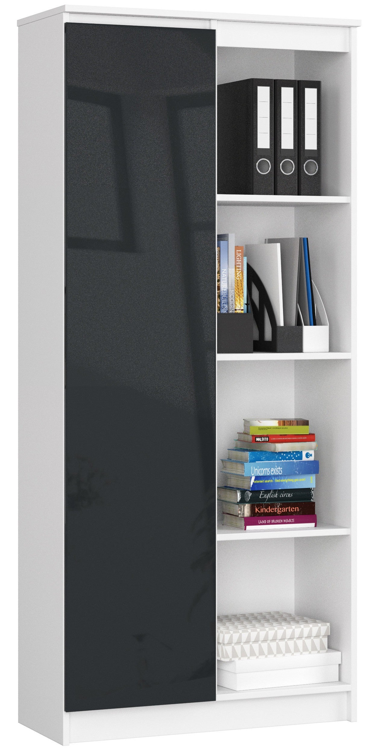 Regał AKORD R80 Biały 80 cm 1 drzwi kolor Grafit Połysk 8 półek 80x35x180 cm