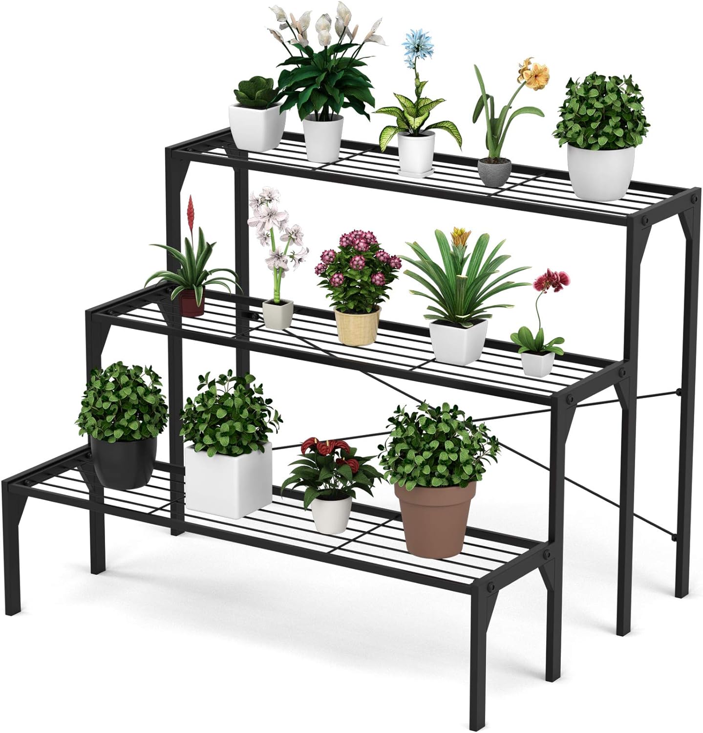 Raft metalic pentru plante cu 3 niveluri, 85 x 65 x 66 cm, suport pentru plante/raft în formă de scară pentru flori