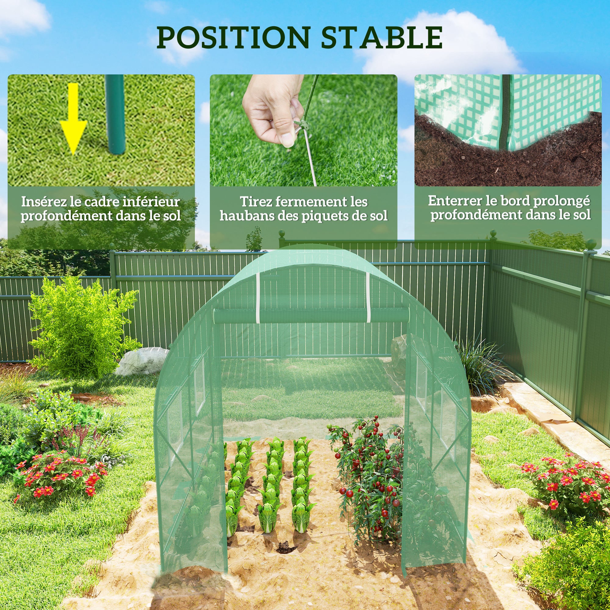 Serre de jardin tunnel - Outsunny - 5 m² renforcé pe haute densité 140 g/m² fenêtres porte déroulante - acier - 2,5x2x2m - vert - 7