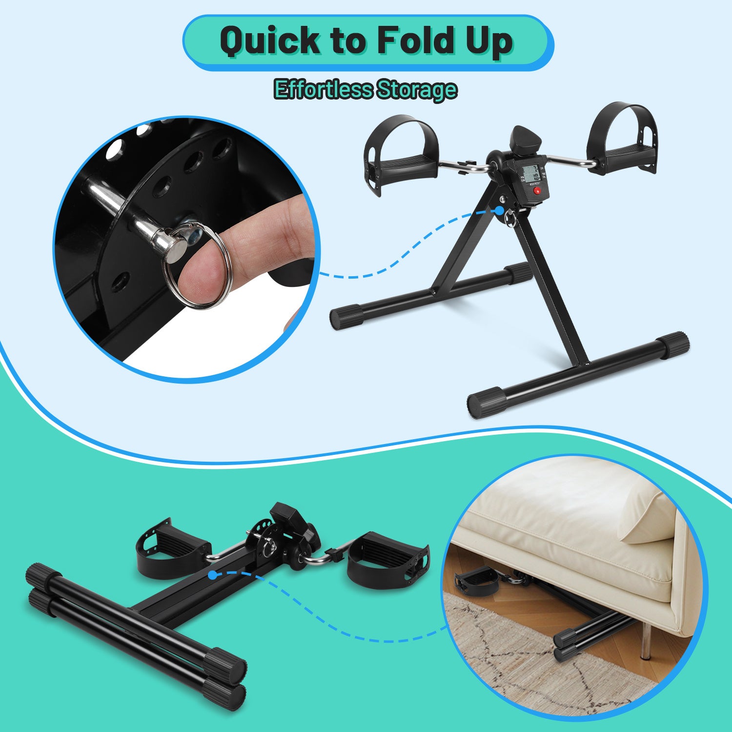 Mini bike de exercício dobrável com LCD, pedaleira compacta braços pernas, resistência ajustável, treino leve casa escritório idosos, compacto, leve - 7
