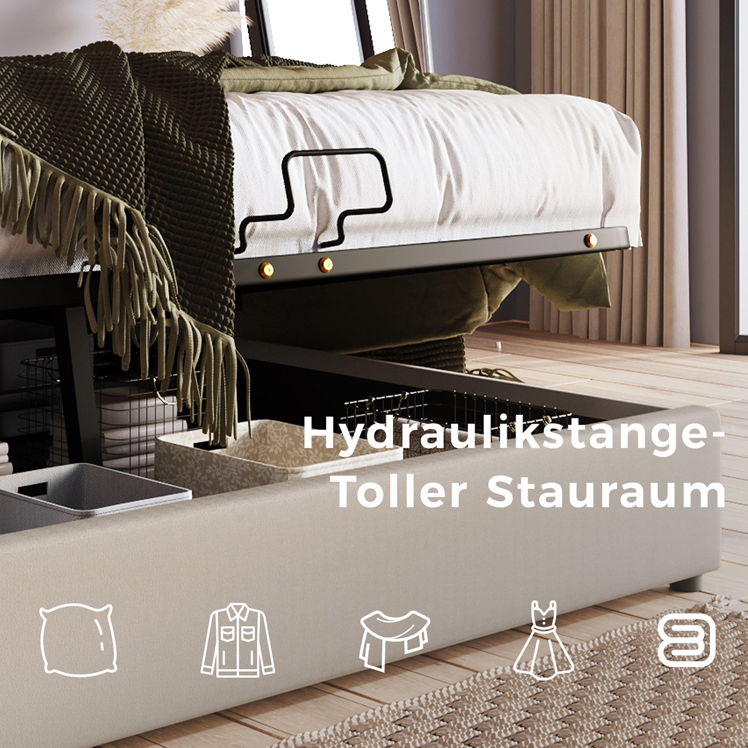 Lit coffre Lit adulte Lit capitonné hydraulique Tête de lit réglable lit double cadre de lit avec rangement 160x200 cm Blanc cassé - 5