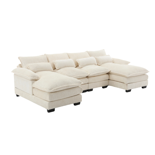 Sofá moderno en u, sofá modulable de 4 plazas, 4 cojines lombares ergonómicos, beige