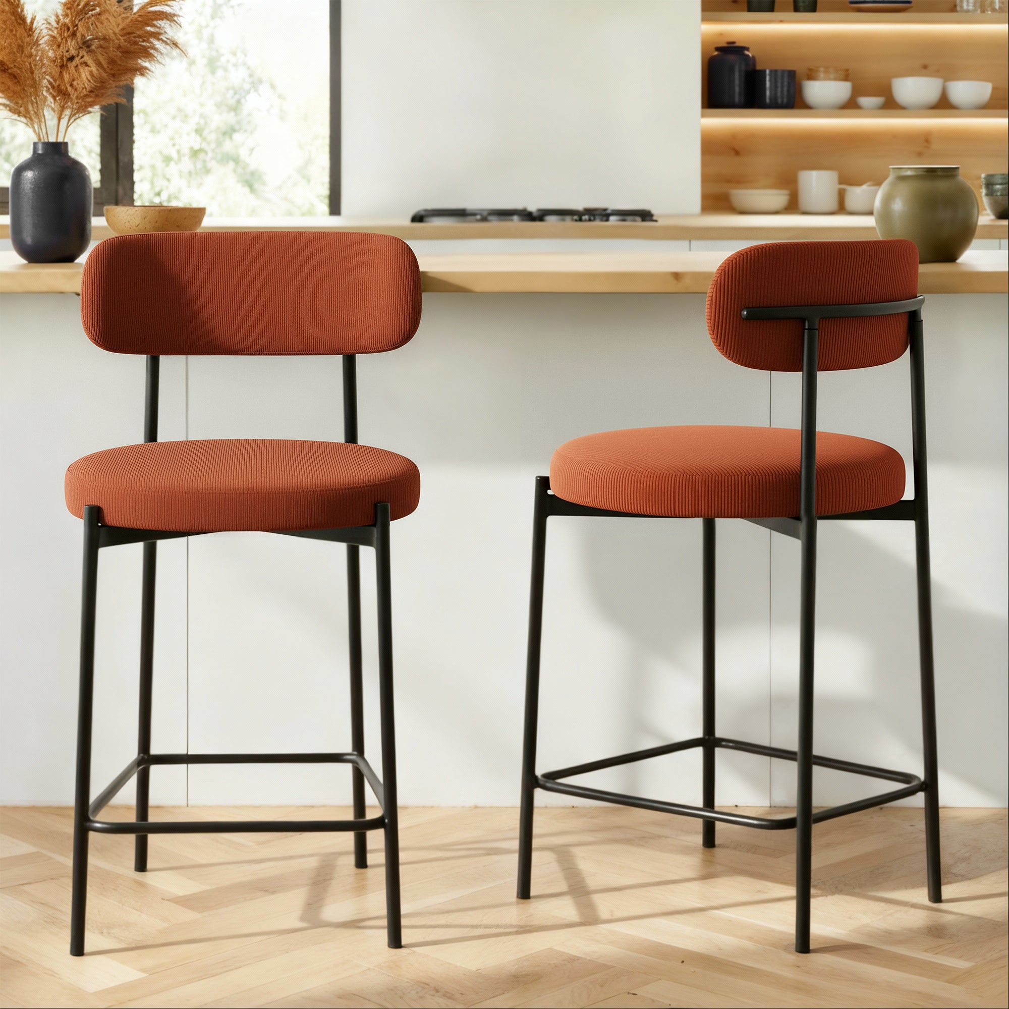 Lot de 2 tabourets de bar modernes IRIS velours côtelé terracotta 75cm - 3