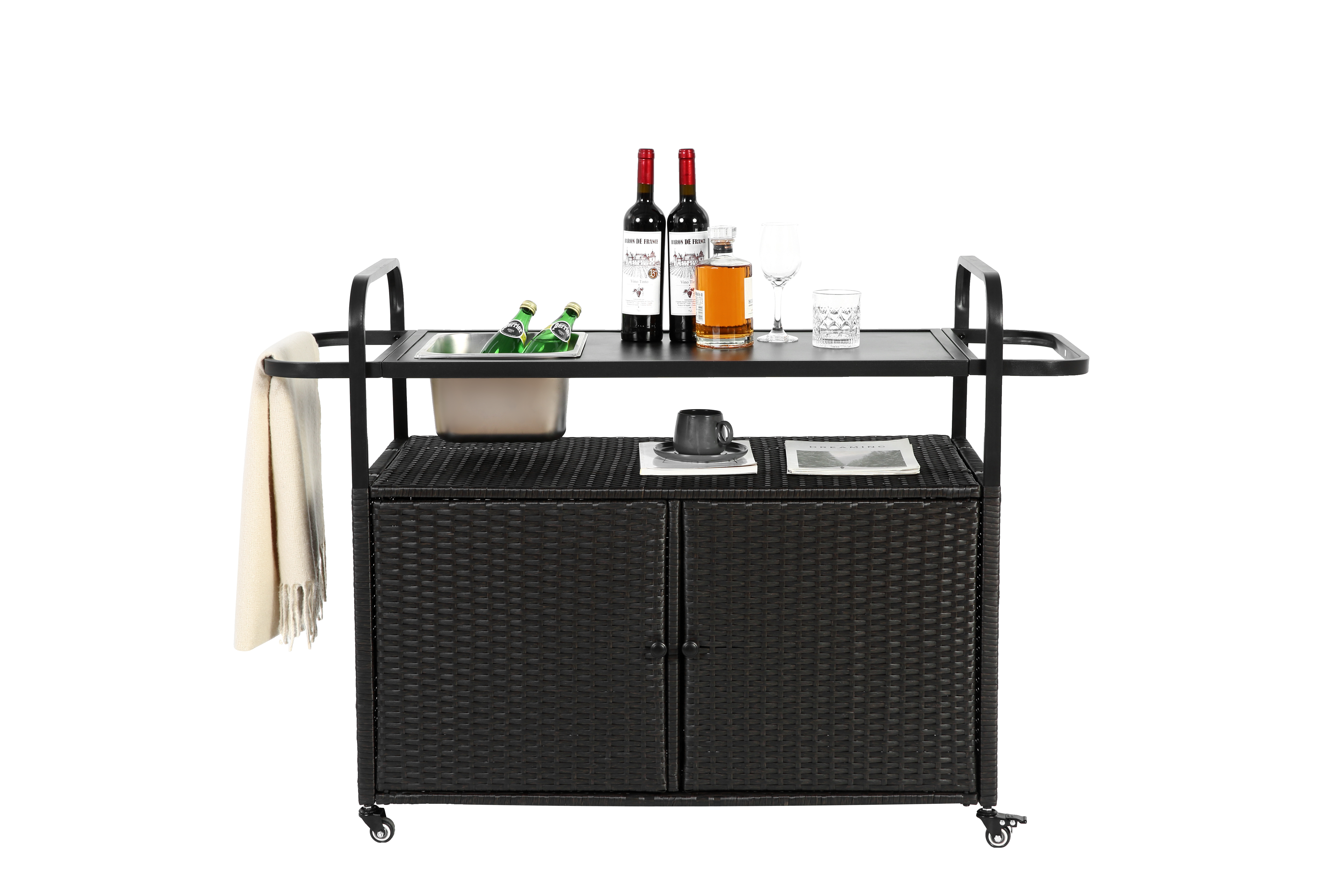 Table de Bar Extérieur en Rotin avec Armoire, Seau à Glace et Panier Latéral, Plateau Acier, Roues Verrouillables, Noir - 7