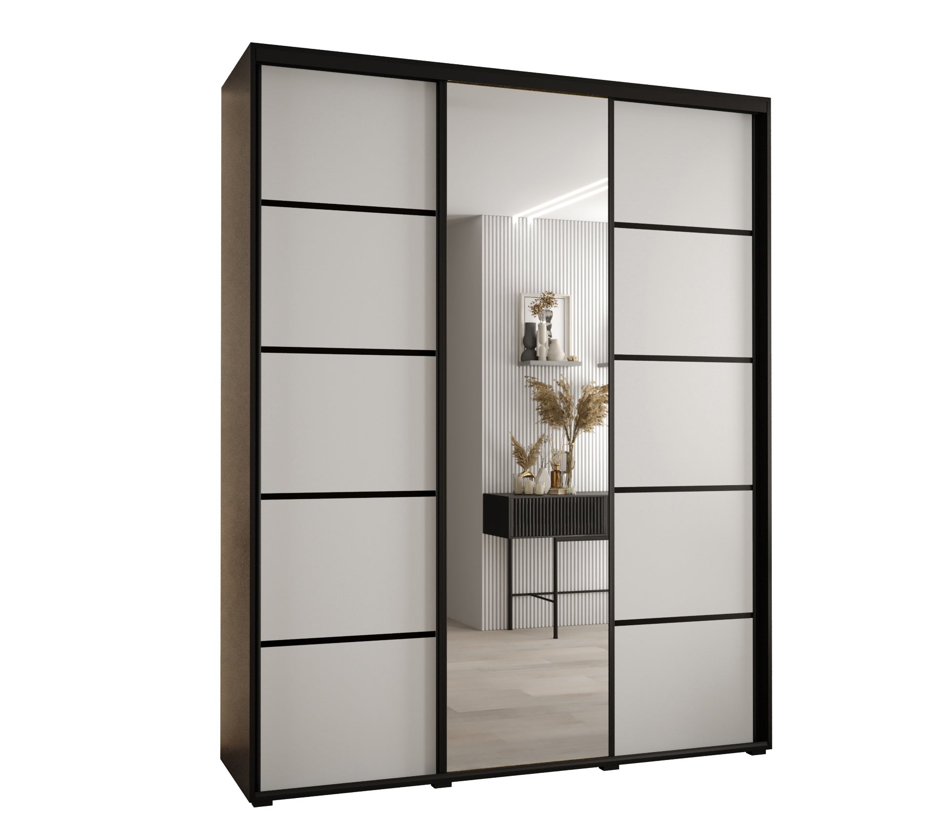 Szafa przesuwna z lustrem wysoka Davos 5 200 x 60 x 235,2 cm czarny + biały + u. czarny - Abiks Meble