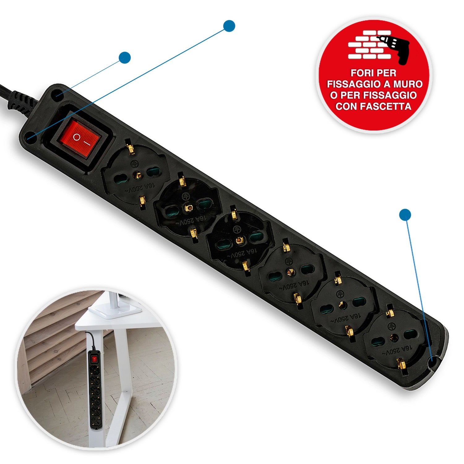 Multiprise italienne 6 schuko + 10/16A. Avec interrupteur, câble 1m et fiche 16A - 2