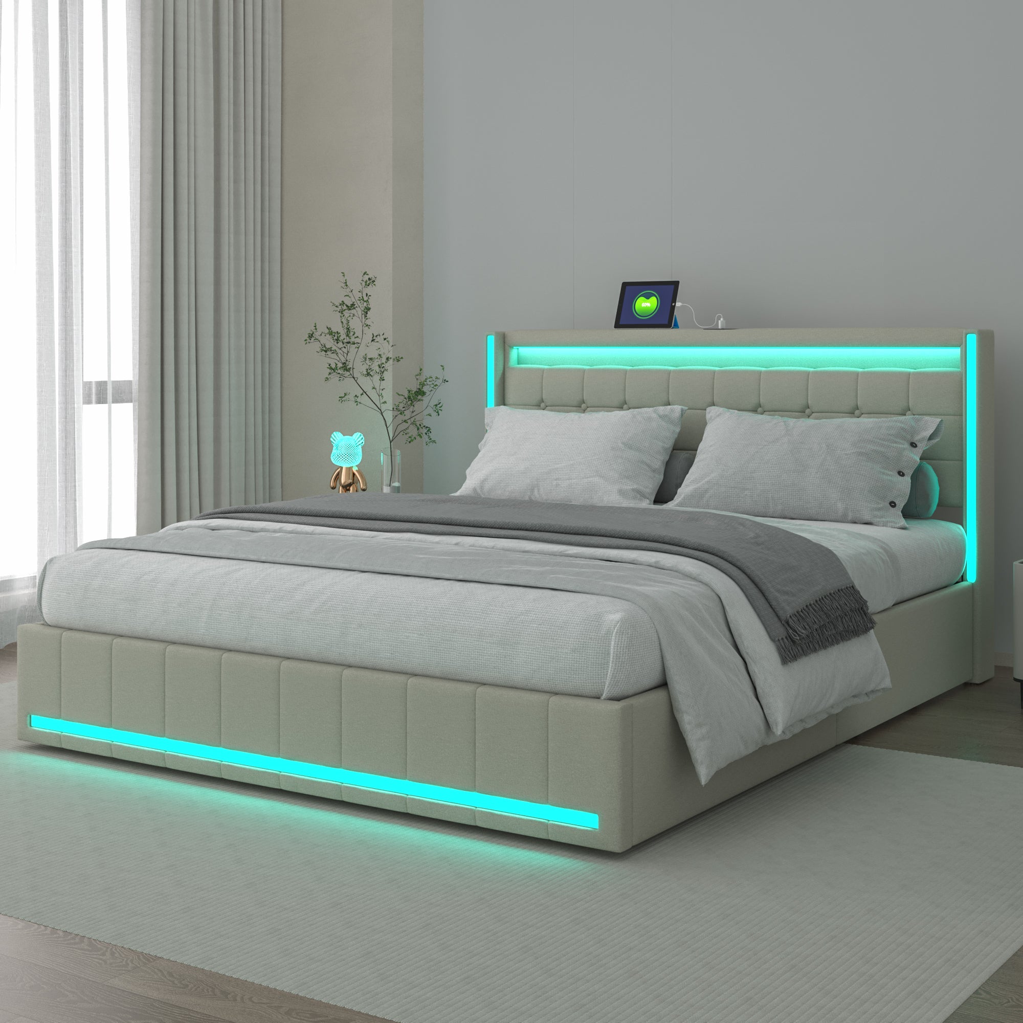 Lit Rembourré 160 X 200 avec LED et Ports USB, Lit Coffre avec Lit Rembourré 160 X 200 avec LED et Ports USB, Lit Coffre avec