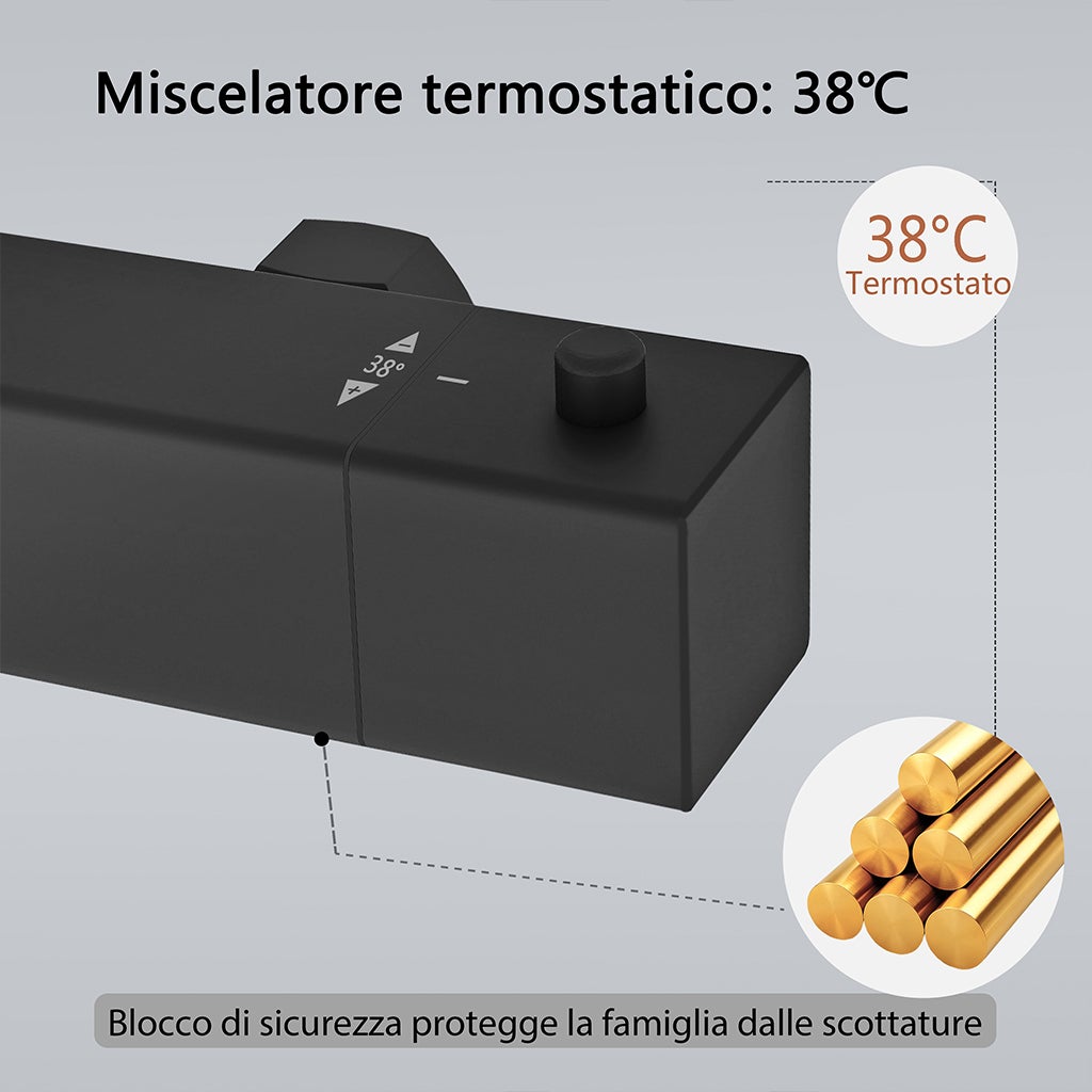 AICA Colonna doccia multifunzioni termostato soffione quadrato in acciaio inox rubinetteria doccia termostatica nero - 4