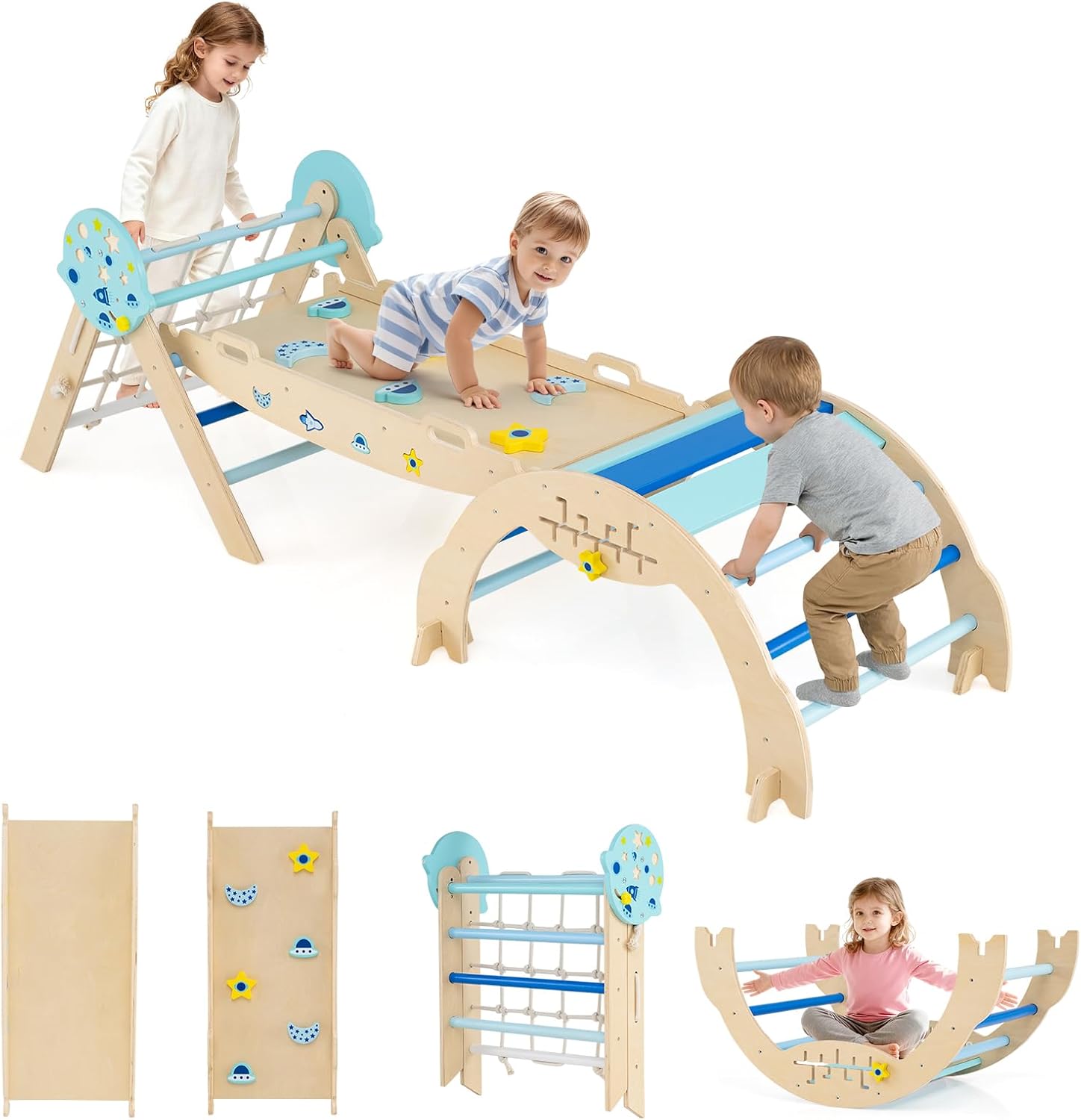 9 w 1 Trójkąt Wspinaczkowy Montessori dla Dzieci powyżej 1 Roku Życia, Rampa, Lina i Drabinka, Most (Astre|8 w 1, Siatka + Drabinka)