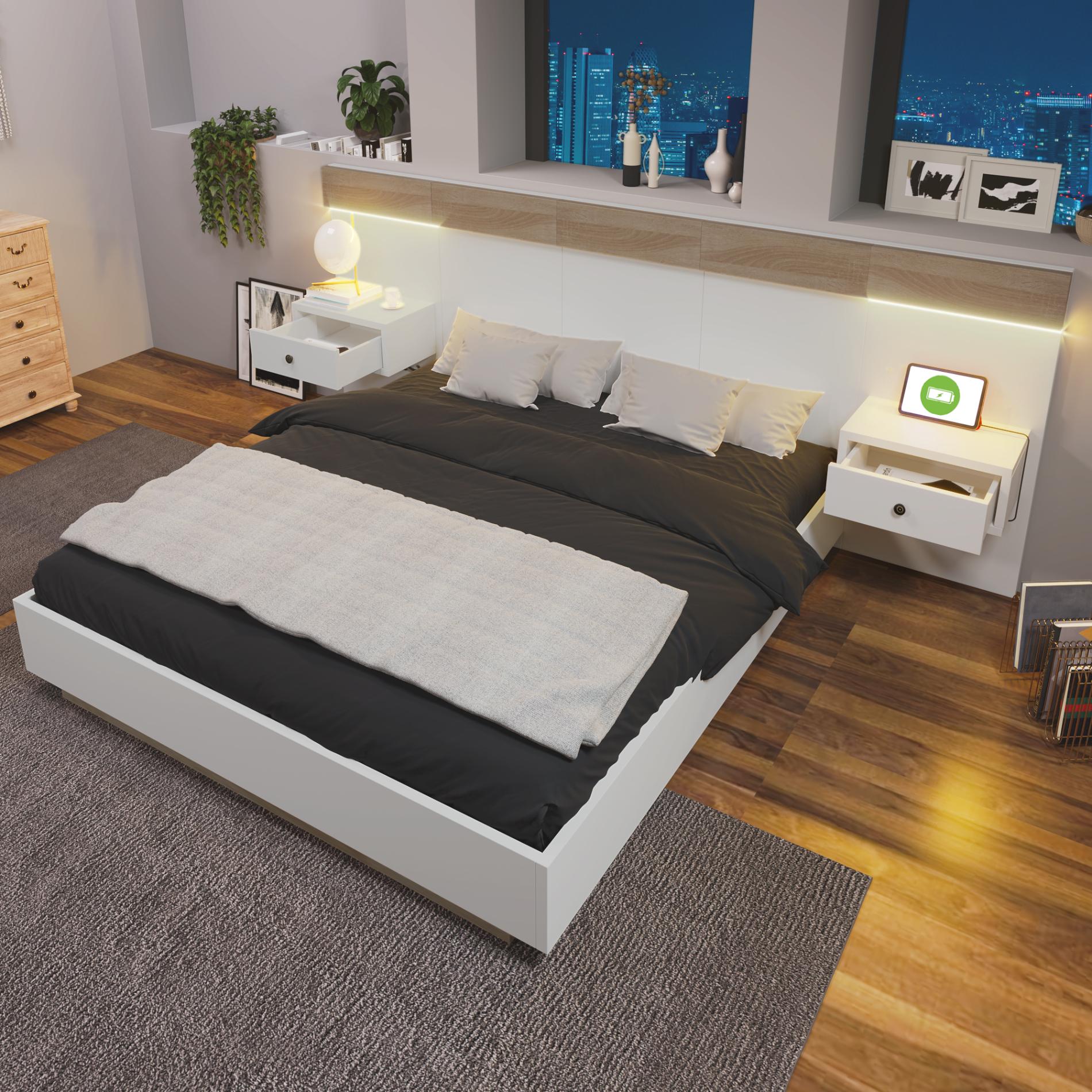 Podwójne łóżko wiszące z 2 szafkami nocnymi LED i gniazdem USB typu C, 205 x 244 x 90,5 cm, dąb sonoma/biały– bez materaca