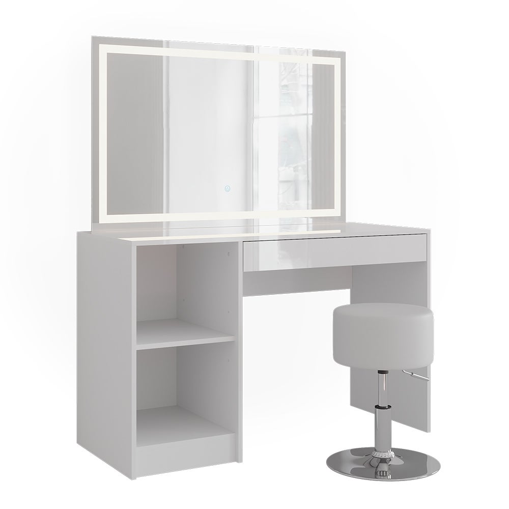 Vicco Stół do toalety Sherry, Biały/biały wysoki połysk, 119.8 cm z oświetleniem LED i stołkiem