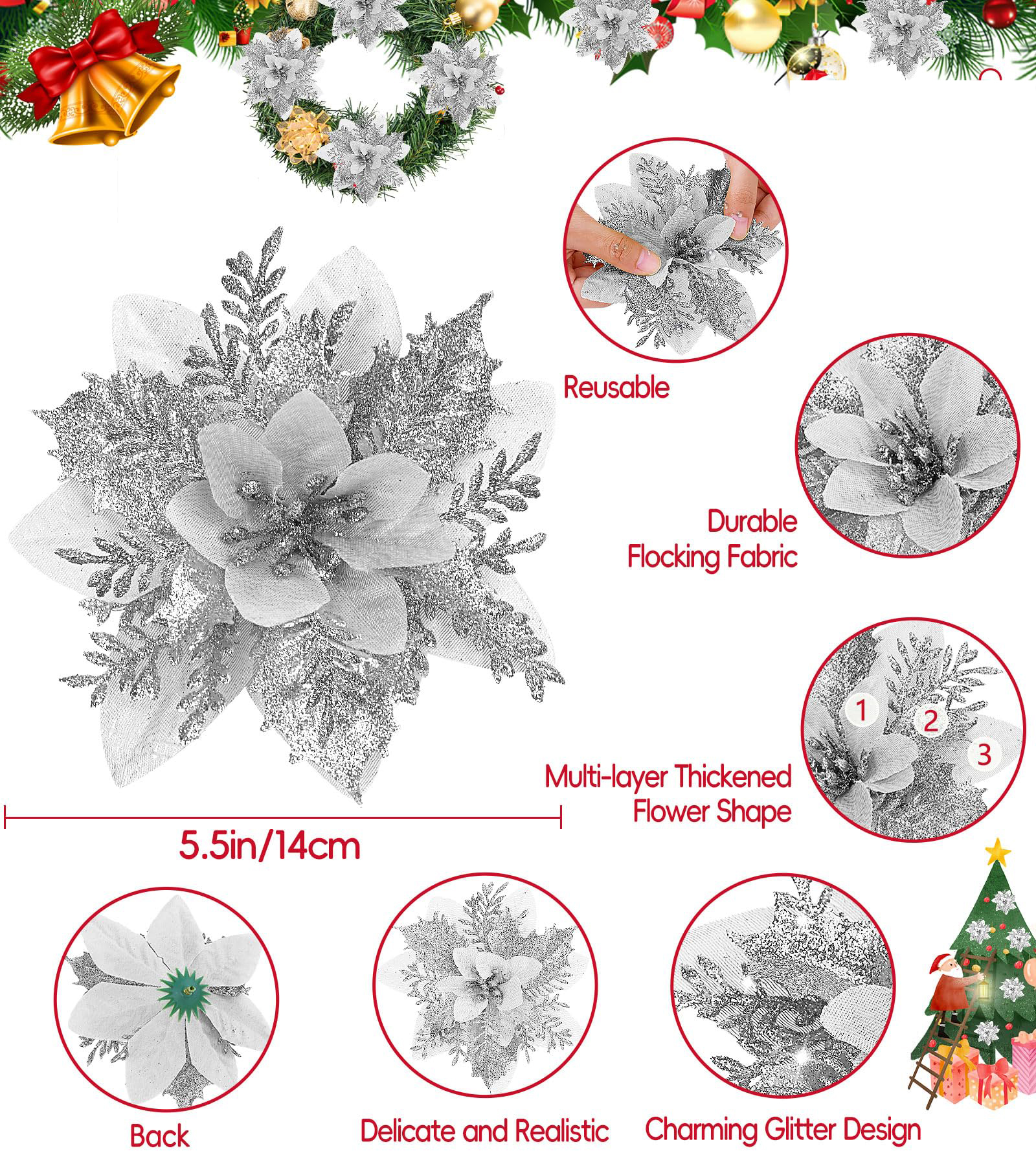10 pièces décorations de noël, fleurs de noël artificielles avec clips, guirlande d'arbre de noël scintillante pendentifs de fleurs artificielles - 4