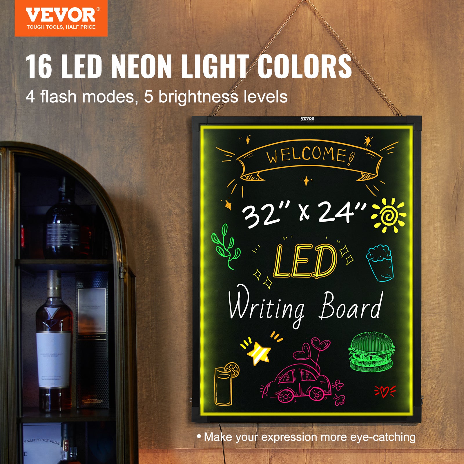 Tableau d'affichage lumineux LED,VEVOR 81,3 x 61 cm,panneau lumineux effaçable néon,affichage du menu 8 marqueurs à craie lumineuses télécommande - 2
