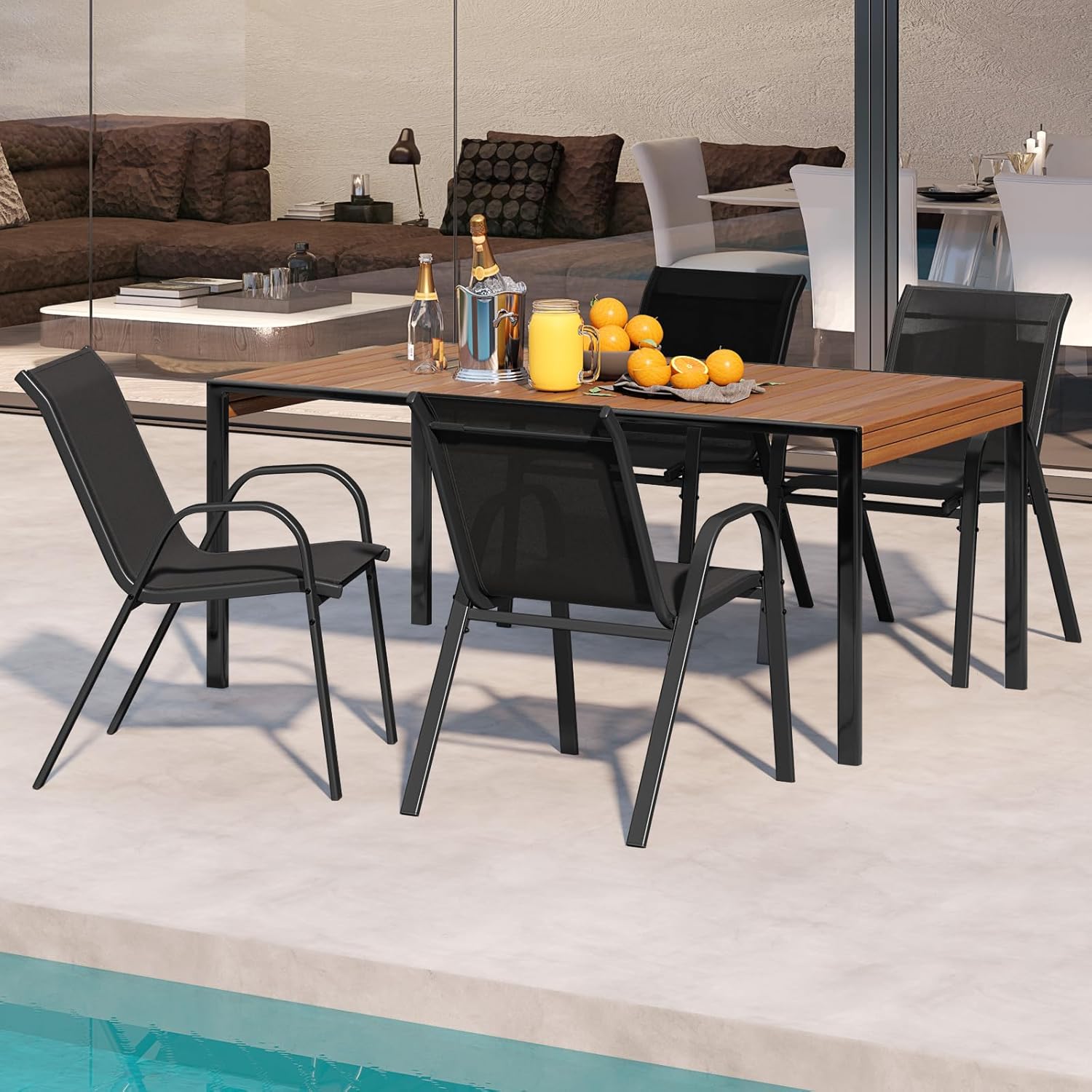 Lot de 4 Chaises de Jardin Extérieur Métal et Textilène, Fauteuil de Jardin Empilable avec Accoudoirs et Dossier, 56x70x84cm, Charge 150kg, Noir - 4
