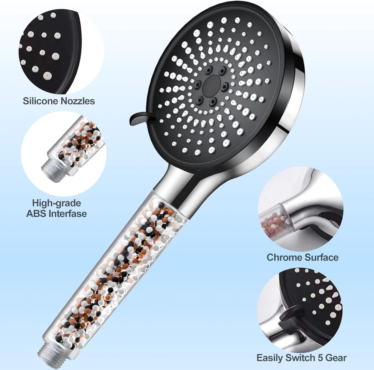 Pommeau de Douche,avec Filtre à Billes,5 Modes Spray,Portatif à Grand Débit pour l'élimination du Chlore,Des Métaux Lourds,avec Tuyau de 1.5M - 6