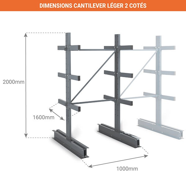 Rack cantilever 3 niveaux 2 coté - Élément suivant : 2000x1250x600mm - Utilisable uniquement avec un module de départ - RAYCAN/3N/2C/80/S - 3