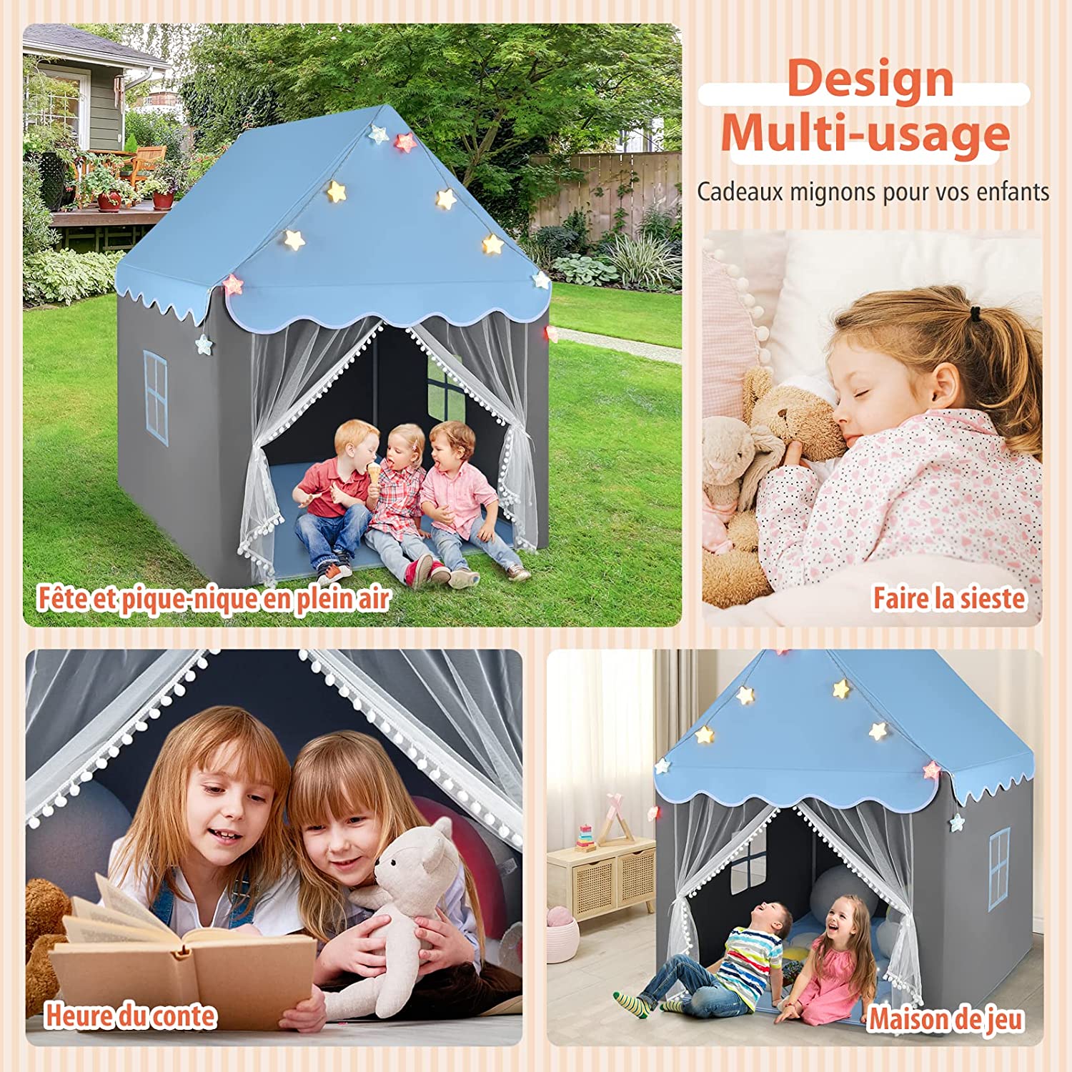 Tente de jeux avec tapis lavable, tente enfant interieur avec lumières étoiles, 105 x 121 x 136 cm - 3