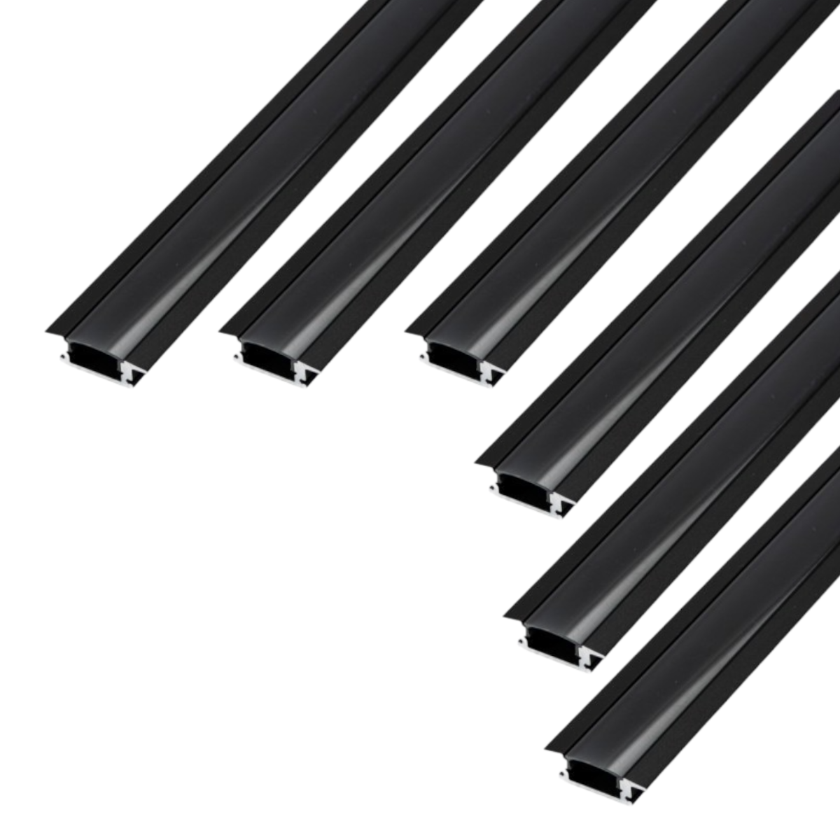 Zestaw x6 czarnych aluminiowych profili wpuszczanych 1m do taśm LED z półprzezroczystą osłoną 24,5x17,5mm