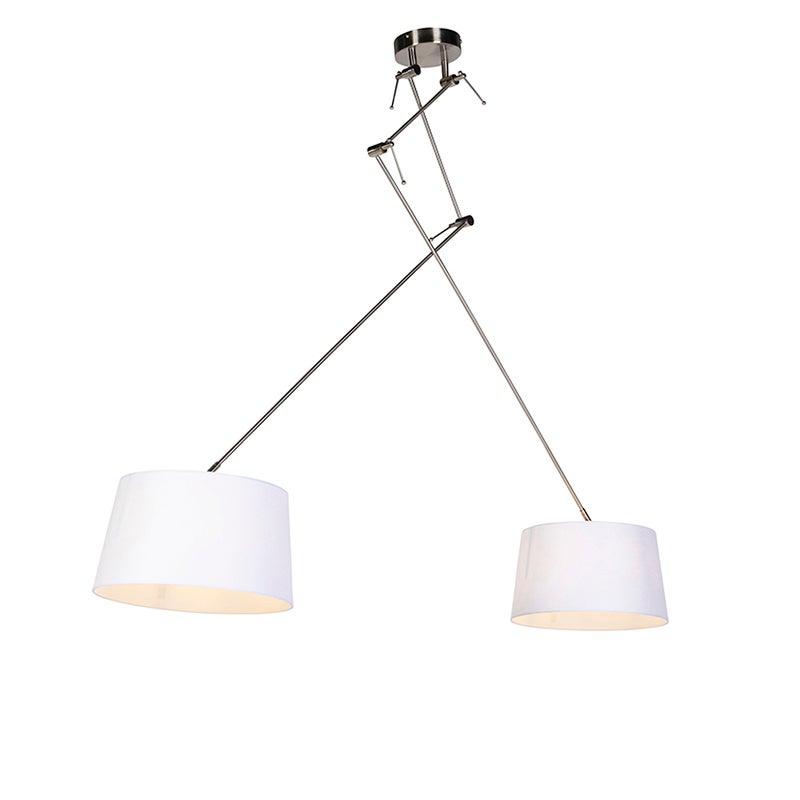 Stalowa lampa wisząca z białymi abażurami z lnu 35 cm 2-światłowa - Blitz