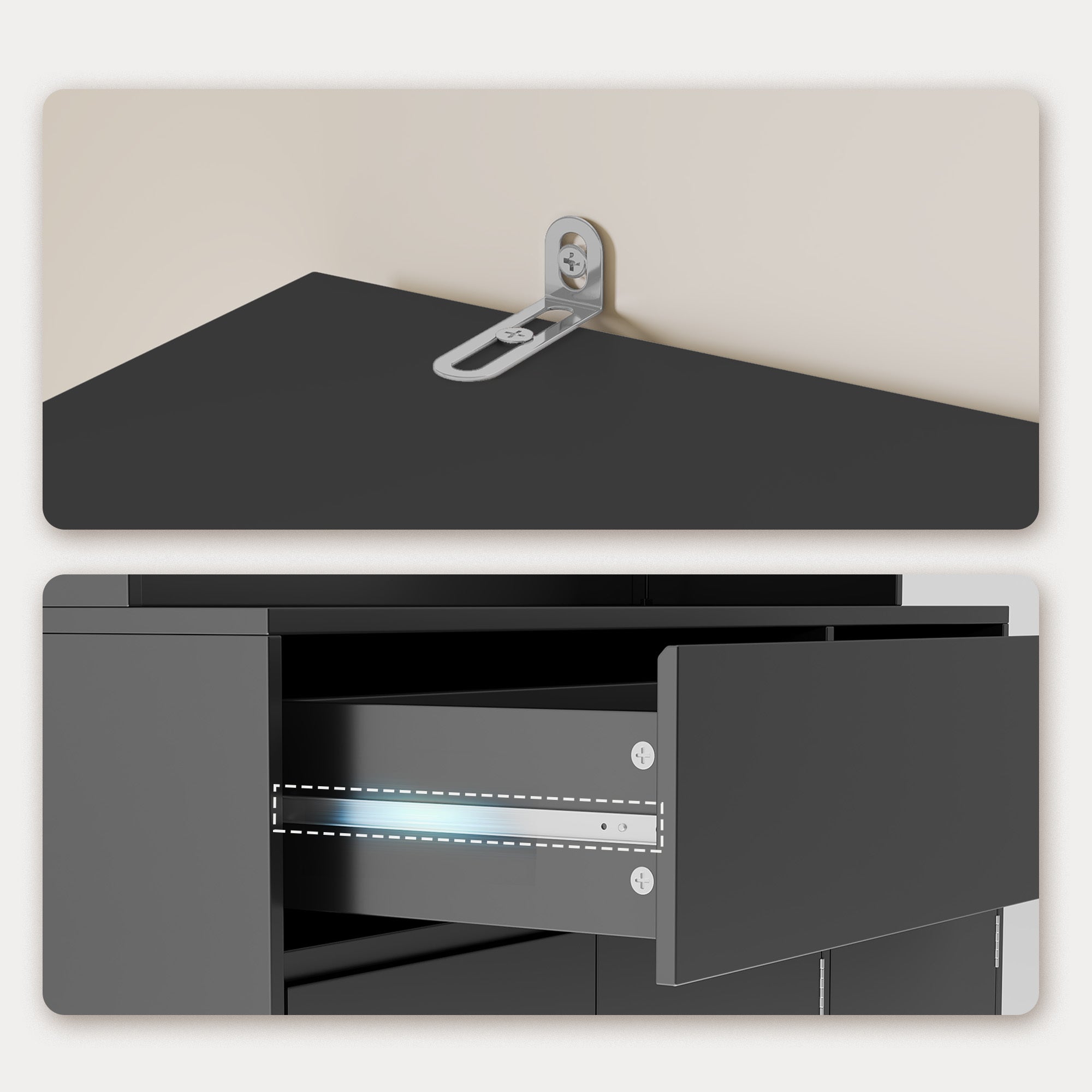 Meuble de rangement cuisine haut,100 cm,noir,avec 2 tiroirs et 6 portes,portes vitrées et prises USB - 6