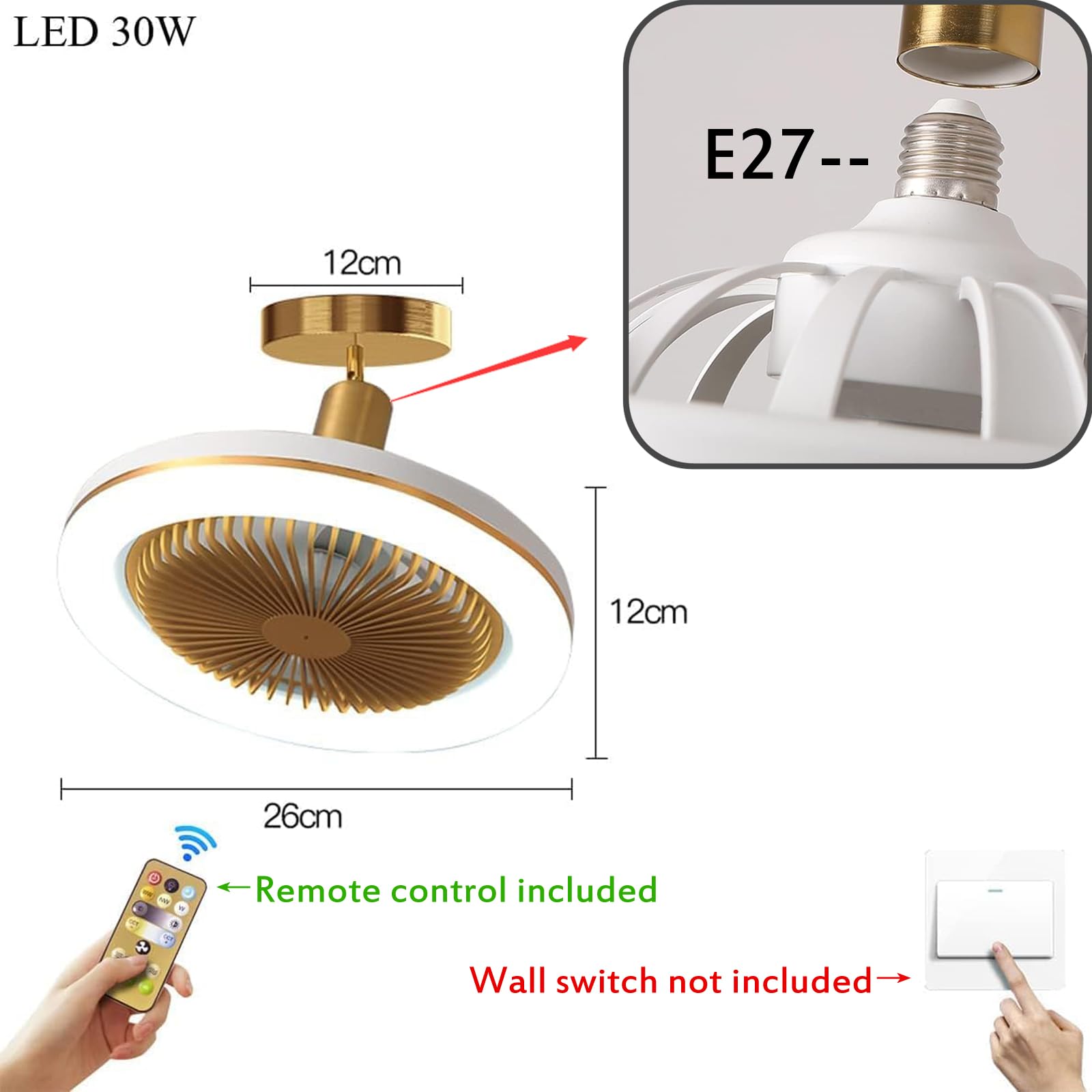 Ventilateur de plafond avec lumière, 30 W, silencieux, avec télécommande, 3 vitesses, intensité variable, douille E27 - 2