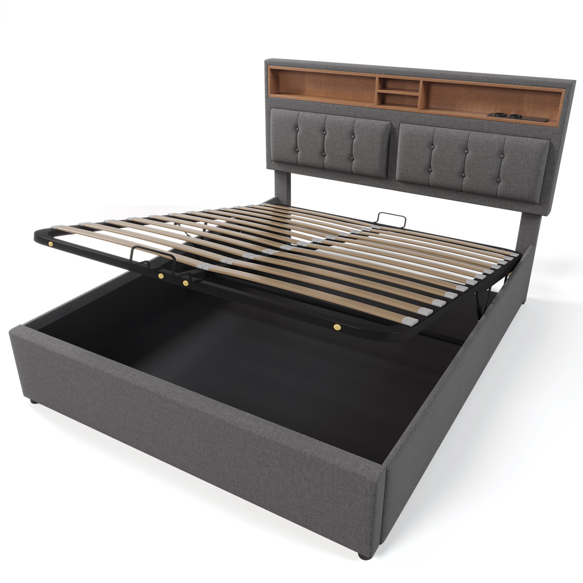 Cama contenedor 160 x 200 cm con cabecero contenedor - USB - tela de lino - gris - 7