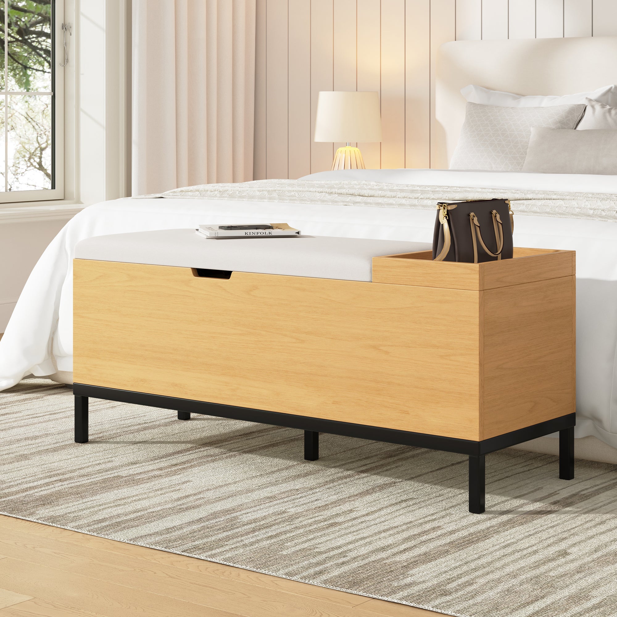 Banc à chaussures avec espace de rangement et coussin - 115 x 49.5 x 40 cm - MDF - Naturel - 5