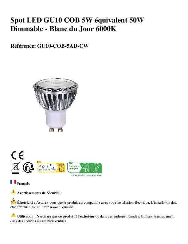 Spot LED GU10 COB 5W équivalent 50W Dimmable - Blanc du Jour 6000K - 5
