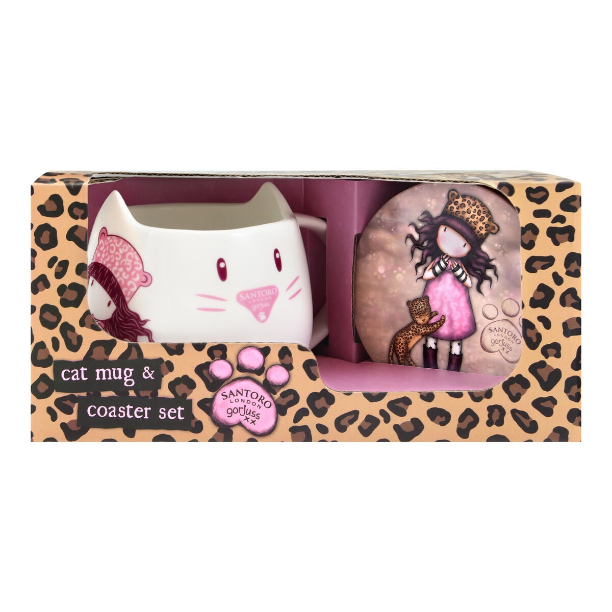 Zestaw filiżanki i spodka Gorjuss Purrrrrfect Love Różowy w panterkę Trwały i do mikrofalówki
