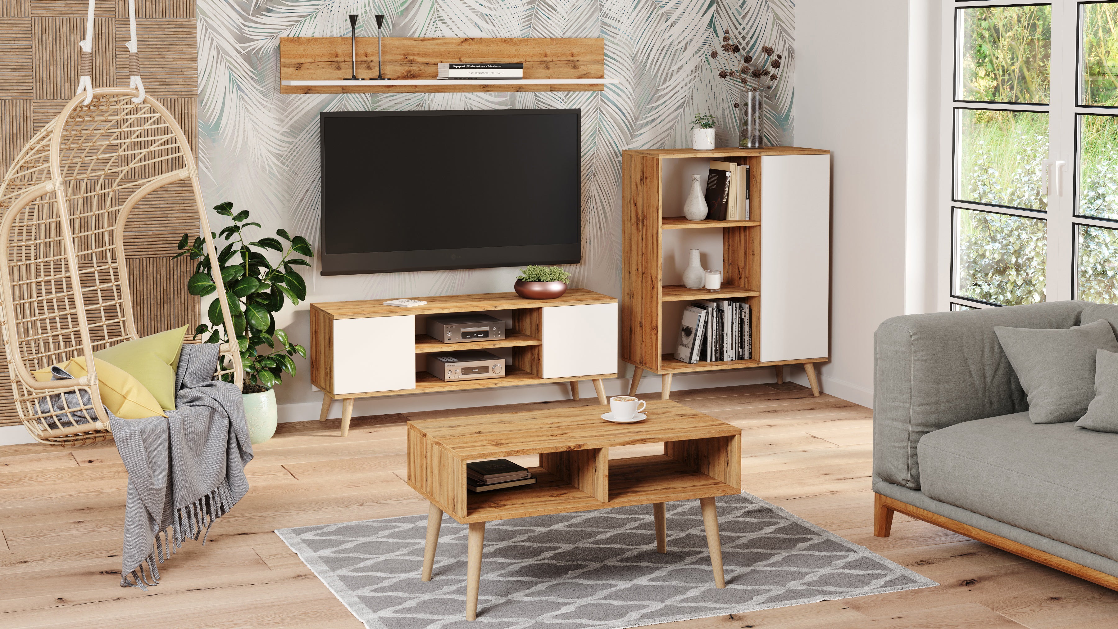 Bibliothèque Fondi sur pieds en bois, style scandinave - chêne artisanal doré/blanc - 4