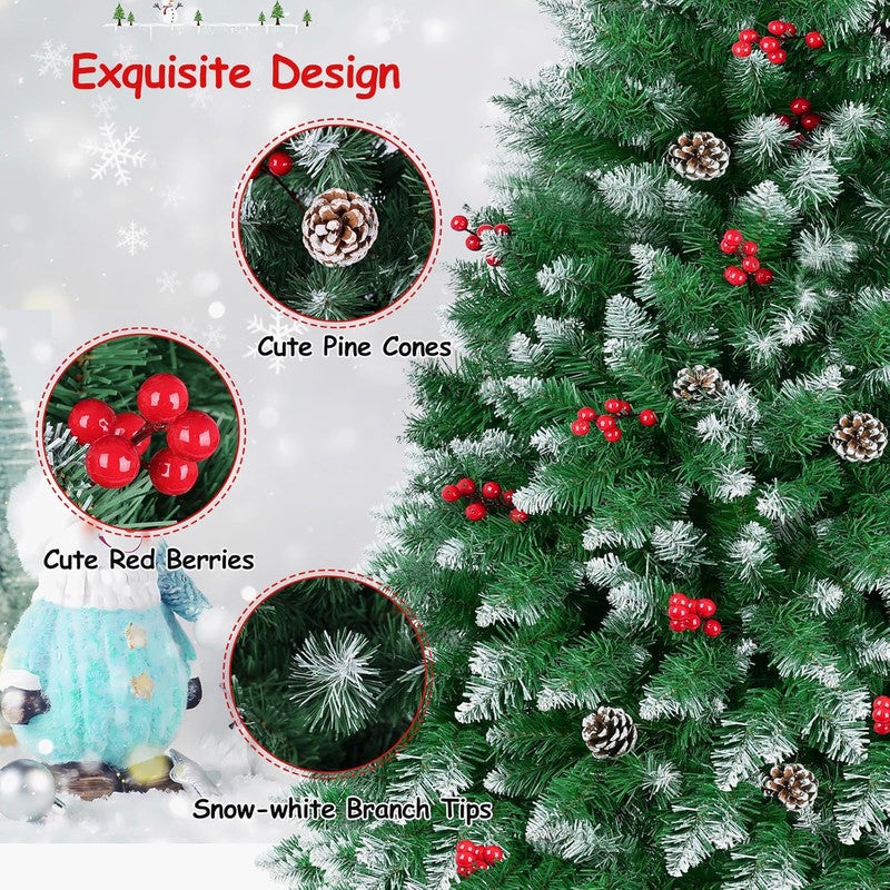 KingnetStore - Árbol de Navidad con Puntas Blancas, Piñas y Bayas Rojas, Ideal para Decoración Festiva, +2 Gorros (180 CM - 700 Ramas, Base Metálico) - 5
