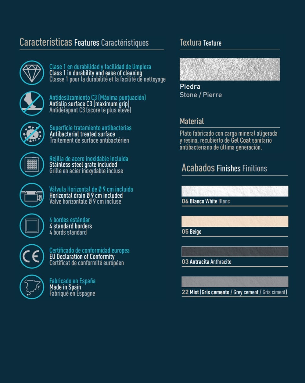 Base de duche em resina com válvula de aro extraplano antiderrapante e grelha | Textura de pedra | Branco | 70 X 100 cm - 4