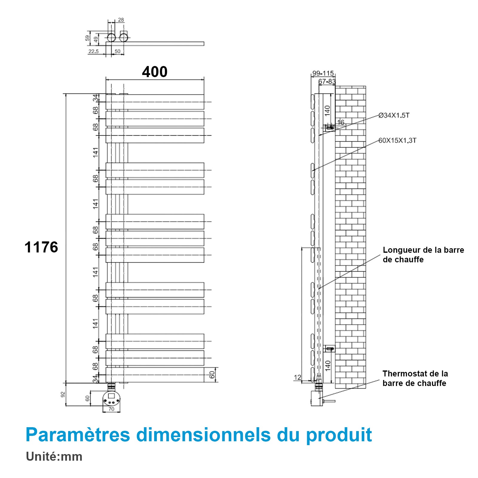 Heilmetz Sèche-Serviettes Electrique, radiateur sèche-Serviettes Plat avec Timing Elément de Electrique, Blanc, 1176x400mm, 600W - 5