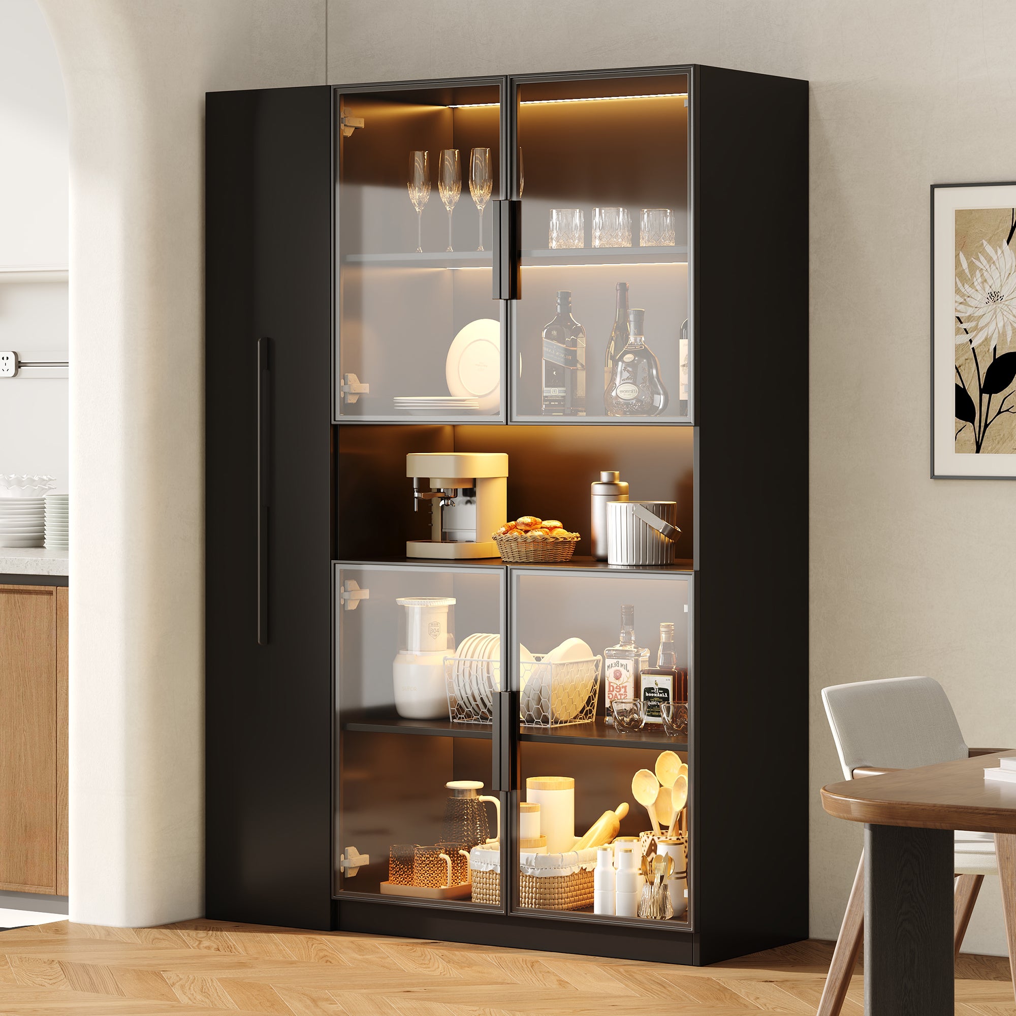 Witryna z 4 drzwiami szklanymi i 1 wysuwaną szufladą - 110 x 30 x 160 cm - MDF - diody LED - czarna - 2