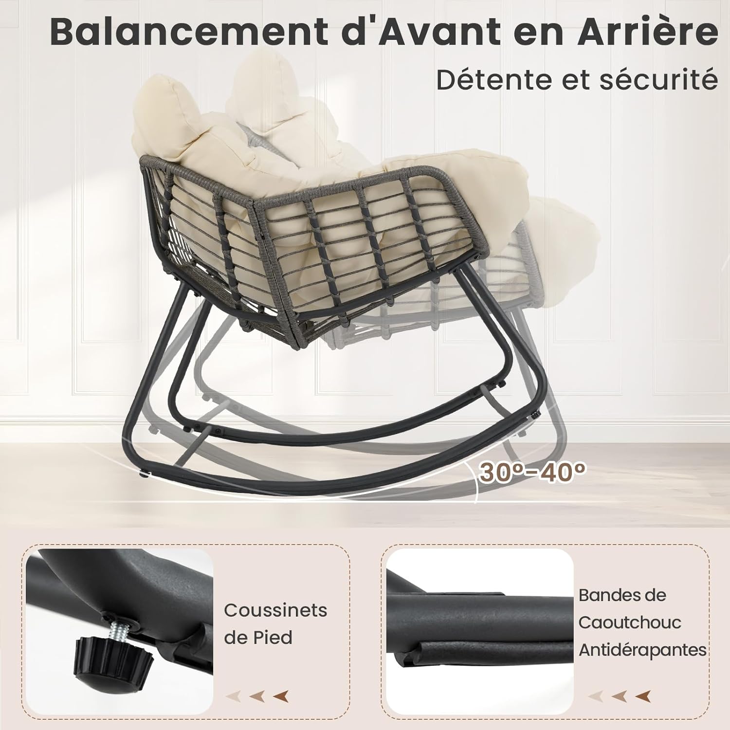 Fauteuil à Bascule d'Extérieur, Fauteuil Œuf Surdimensionné en Osier PE avec Coussin Épais Amovible, 98 x 98 x 87 cm, Charge 150 kg, Beige - 4