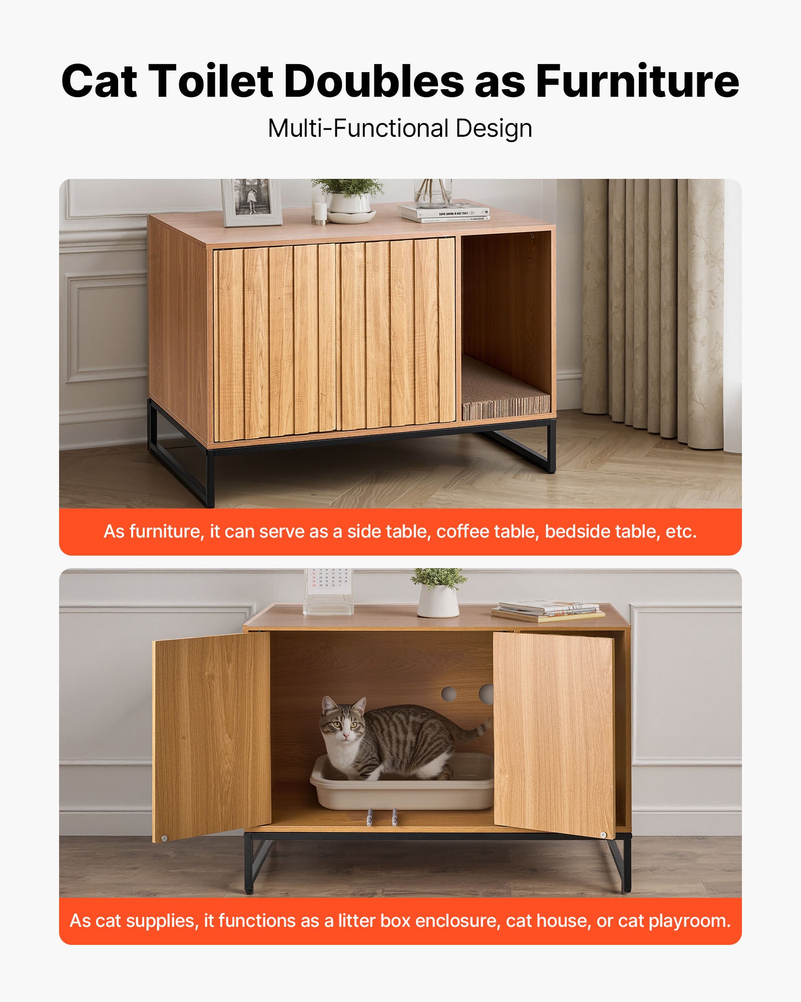 Meuble cache-litière VEVOR, bois, 80×51×56,8 cm, niche avec griffoir, compatible plupart bacs, pour salon - 6