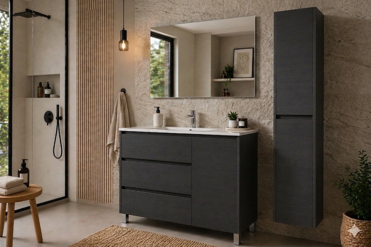 Set mobilier de baie VOLUM 3 sertare și ușă, lavoar și oglindă Grafit 80x40 cm cu dulap coloană