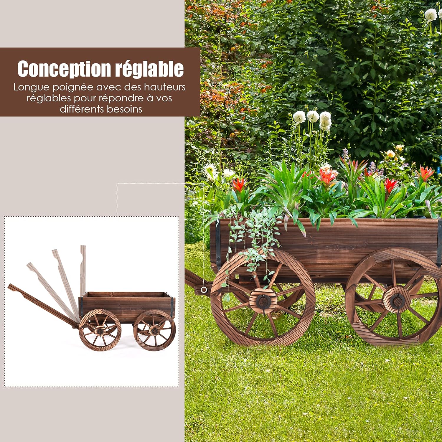 Jardinière en Bois de Sapin Brûlé 120 x 43 x 53 CM, Forme Brouette avec Poignée Reglable & 4 Roues & Trou de Drainage, Charge 50kg - 3
