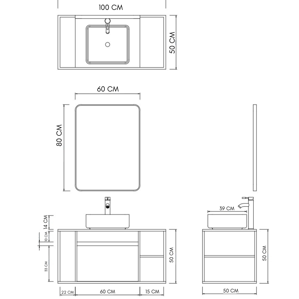 Meuble de salle de bain suspendu sous lavabo 2 tiroirs Lavabo et miroir 100 cm Design moderne 3 étagères Design industriel, chêne - ZIK - 5