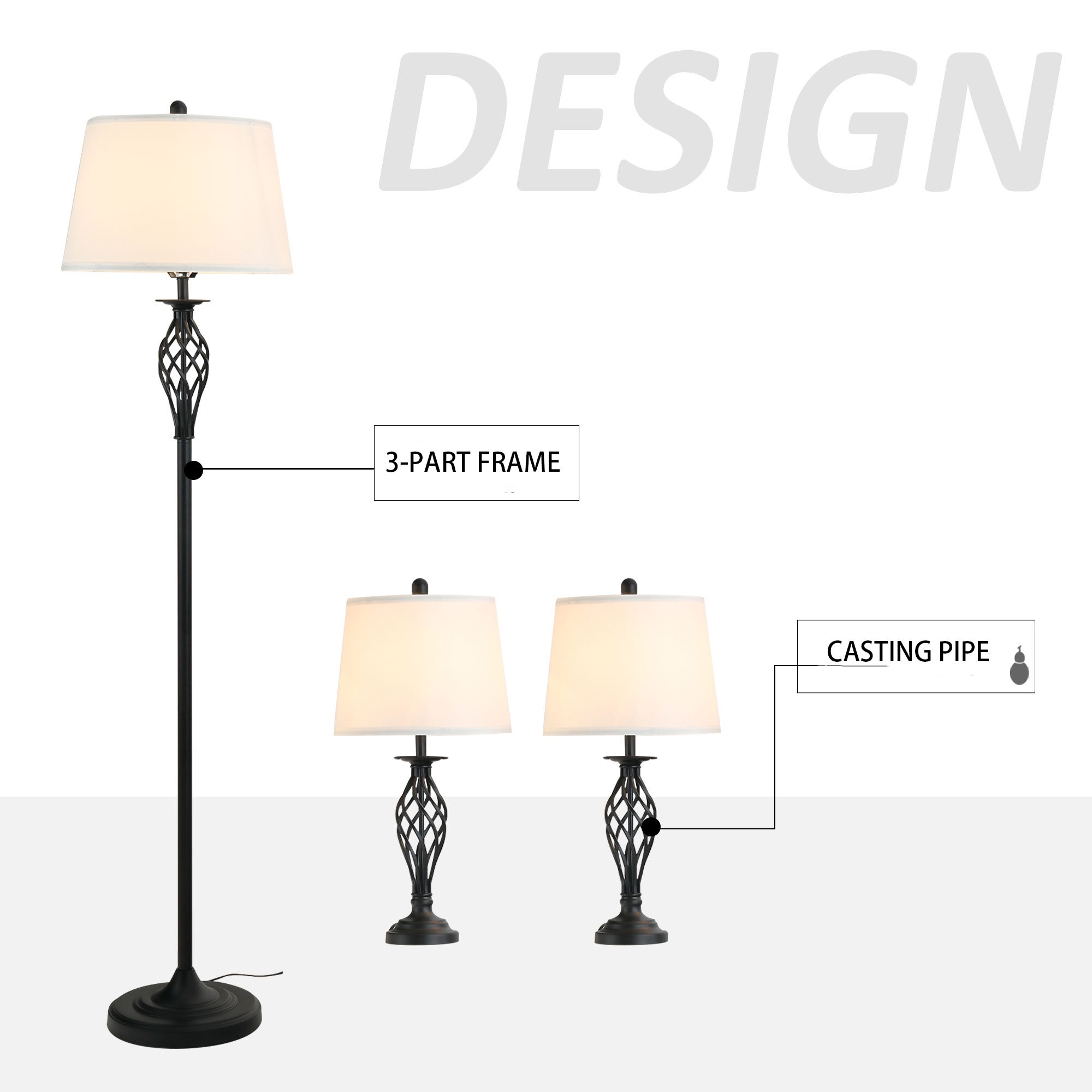 Zestaw 3 czarno-białych lamp w stylu vintage, 2 lampy stołowe i 1 lampa podłogowa, metal i bawełna do salonu - 3