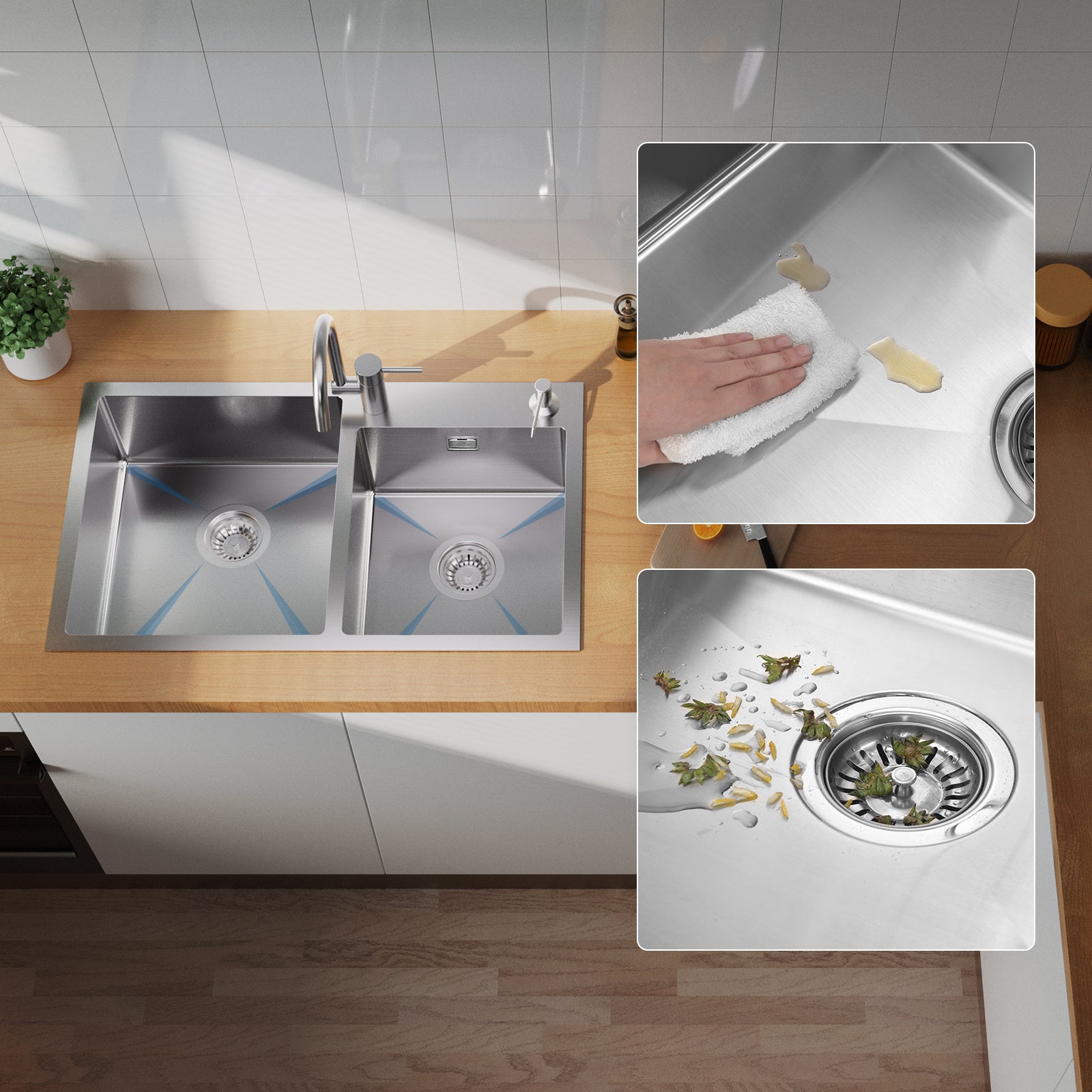 AuraLum Max Évier à Encastré/à Poser 2 Bacs avec Distributeur de savon et Ensemble de Drainage,Évier 75x45x19cm en Acier Inoxydable,Brossé,EU Modèle - 4
