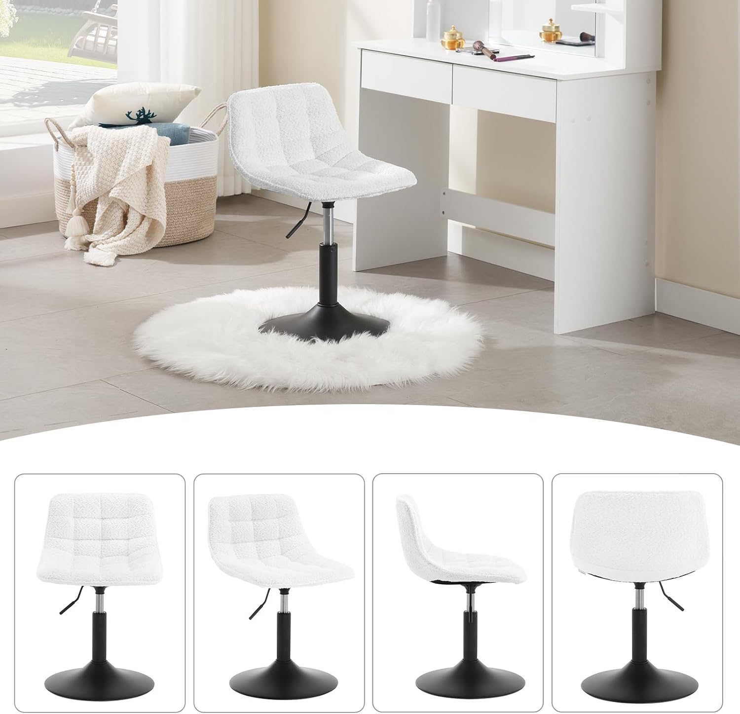 Tabouret de Maquillage WOLTU en Chenille + Métal, Tabouret de Cuisine, Chaise de Coiffeuse, Chaise de Salle à Manger Pivotante, Blanc - 8