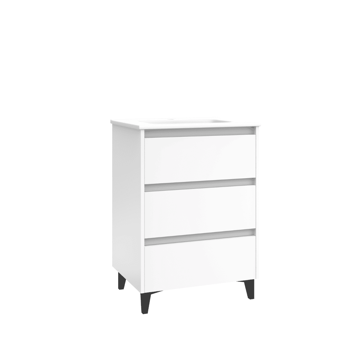 Móveis de Banheiro Comprimento do Chão com Pia de Cerâmica |Móveis de Banheiro com Pernas Pretas 3 Gavetas | 60 cm Branco brilhante - 3