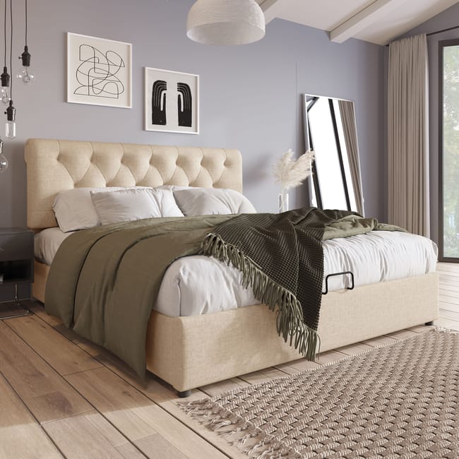 Letto Imbottito Matrimoniale 140 X 200 Cm Con LED, Rete A Doghe In Metallo E Vano Contenitore Grigio Materasso Non Incluso 89881844