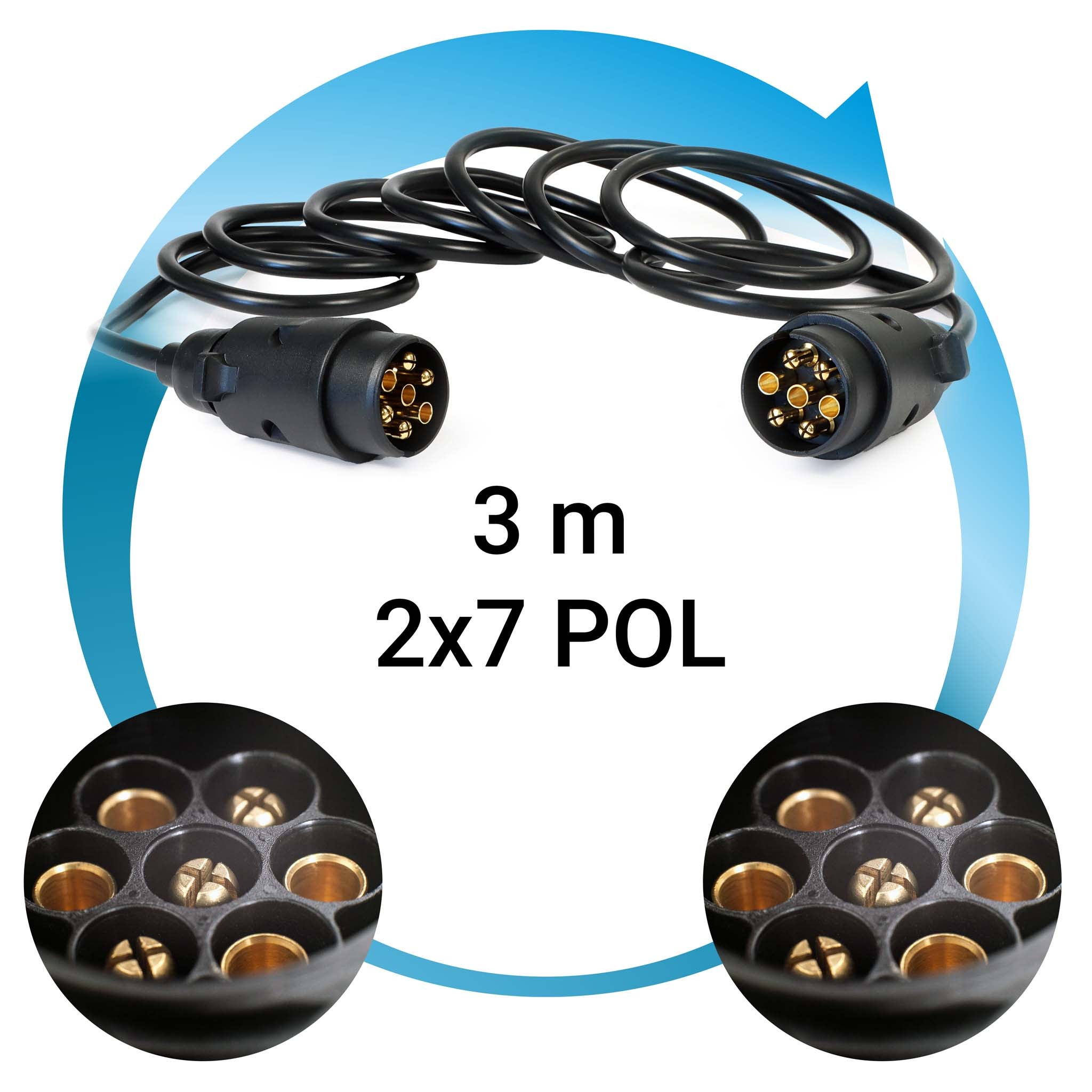 Câble de rallonge électrique – 3 m – 2 fiches – 7 broches – Feux de camping car et remorque – Feu arrière, clignotants, Wiltec - 3