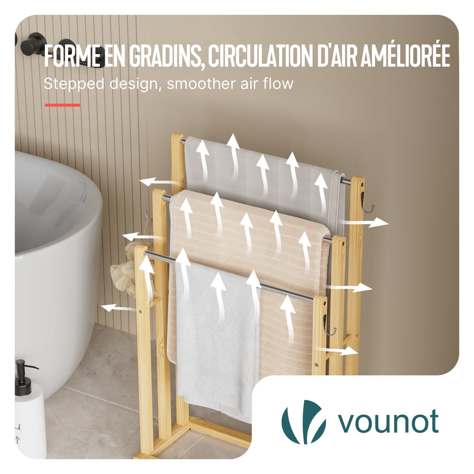 Porte-serviettes autoportant sur pied - Support à 3 niveaux avec crochets - Bambou - VOUNOT® - 6