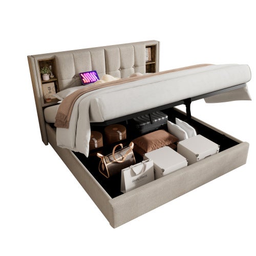 Lit coffre Lit double lit 160x200cm lit rembourré ,avec chargement sans fil USB C, sommier à lattes en bois, lin ,Beige - 9